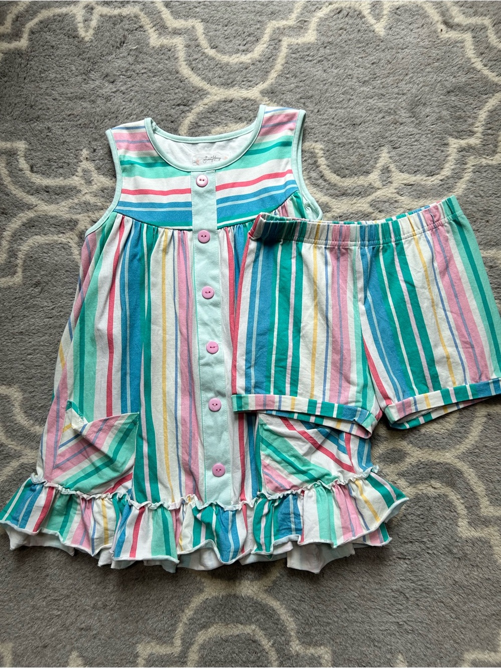 SweetHoney Girls Mint, Pink, Teal & Yellow Striped Tank Top and Shorts Set